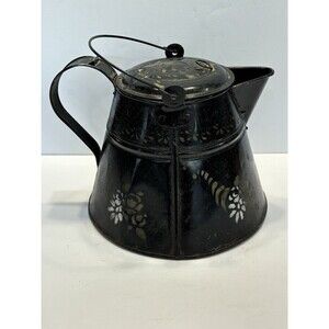 Antique Coffee Pot Tea Kettle Hand Painted Folk Art Black Toleware Farmhouse